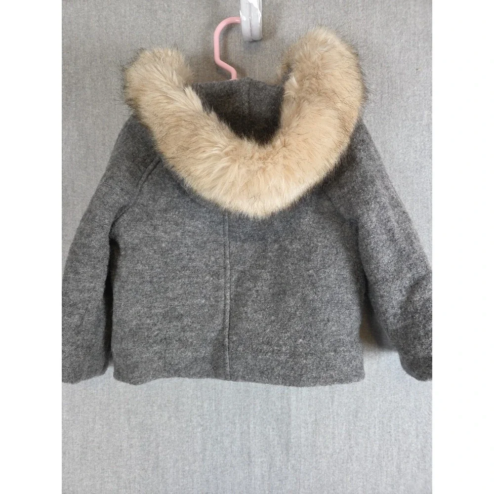 Zara Kids Girls 18 Months Wool Duffle Pea Coat Gray Faux Fur‎ Hood Trim Classic